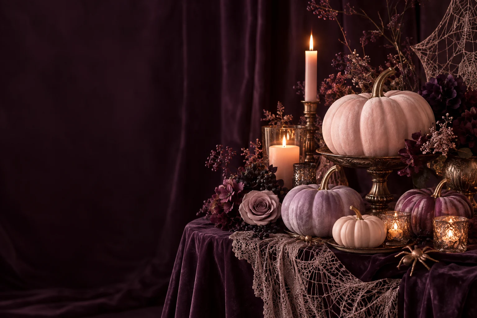 Calabazas rosas, velas y flores bajo una iluminación teatral